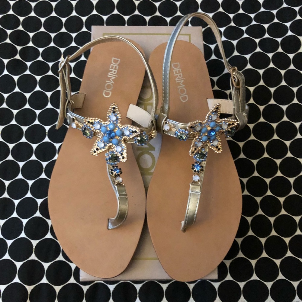 Derimod Gold and Blue Star Jeweled Leather Sandals